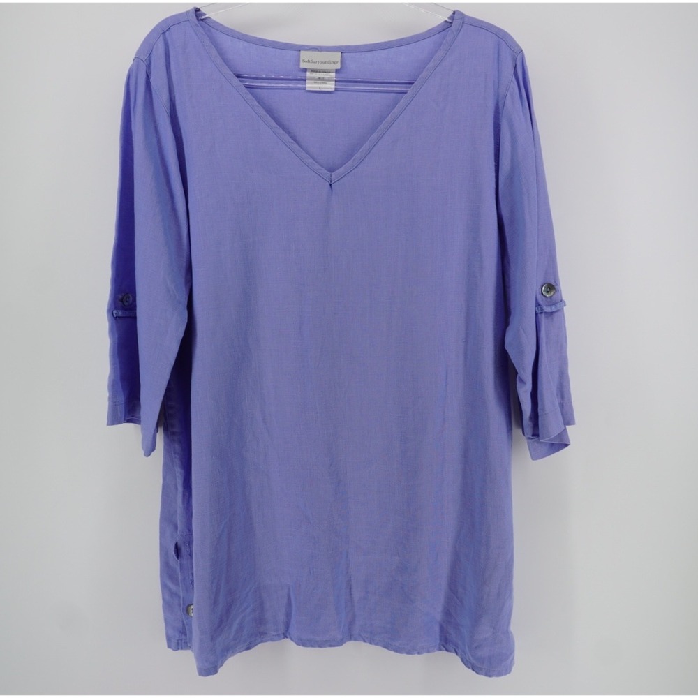 Soft Surroundings Linen Tunic Top Periwinkle Blue V-Neck Roll Tab Sleeve Large